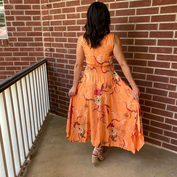 ReStocked** Orange Floral Hanky Hem Midi Dress - Picture 6 of 13